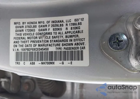 2012 Honda Civic Ex-L from USA, damaged, VIN 19XFB2F9XCE045450